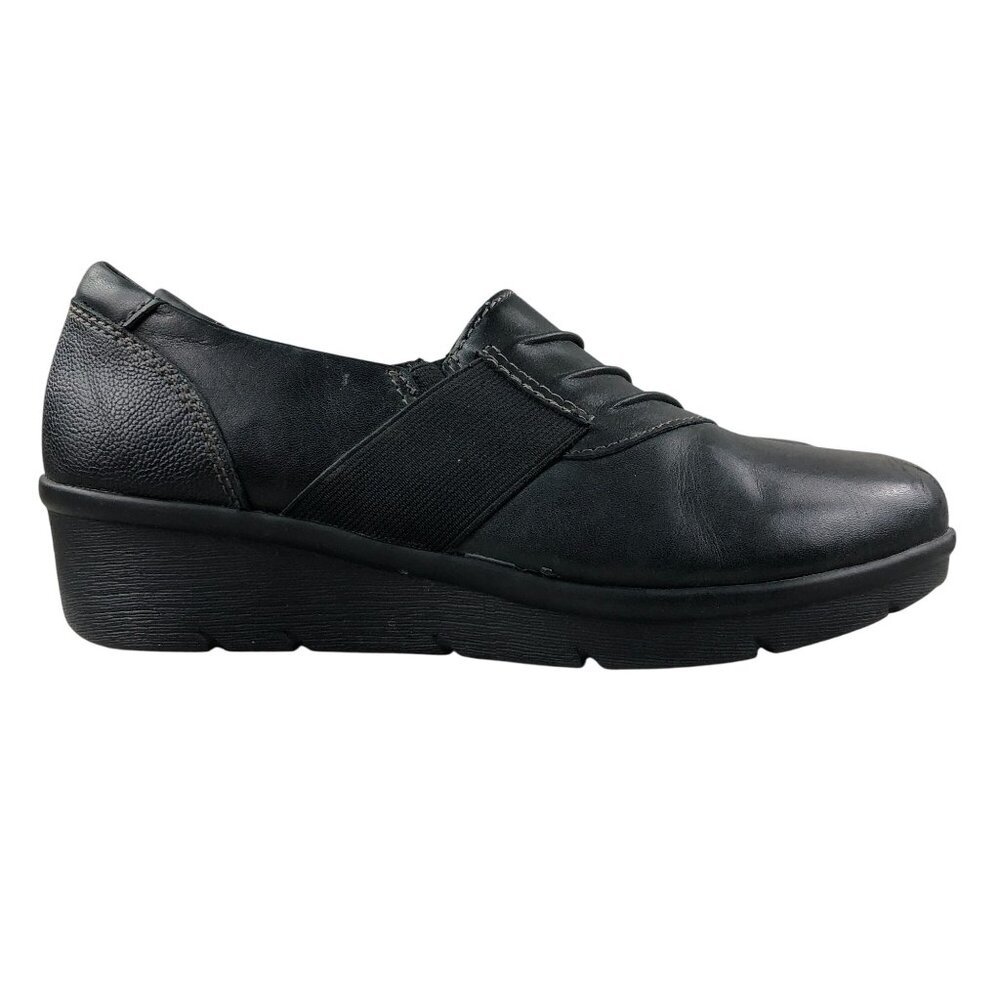 Earth Origins Women's Size 9M Darlene Black Leather Low Wedge Slip On Loafers